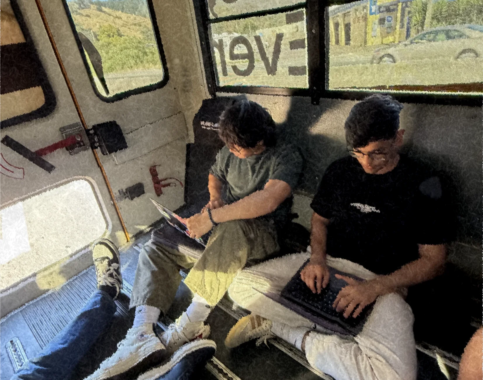 Corgi team working in a van