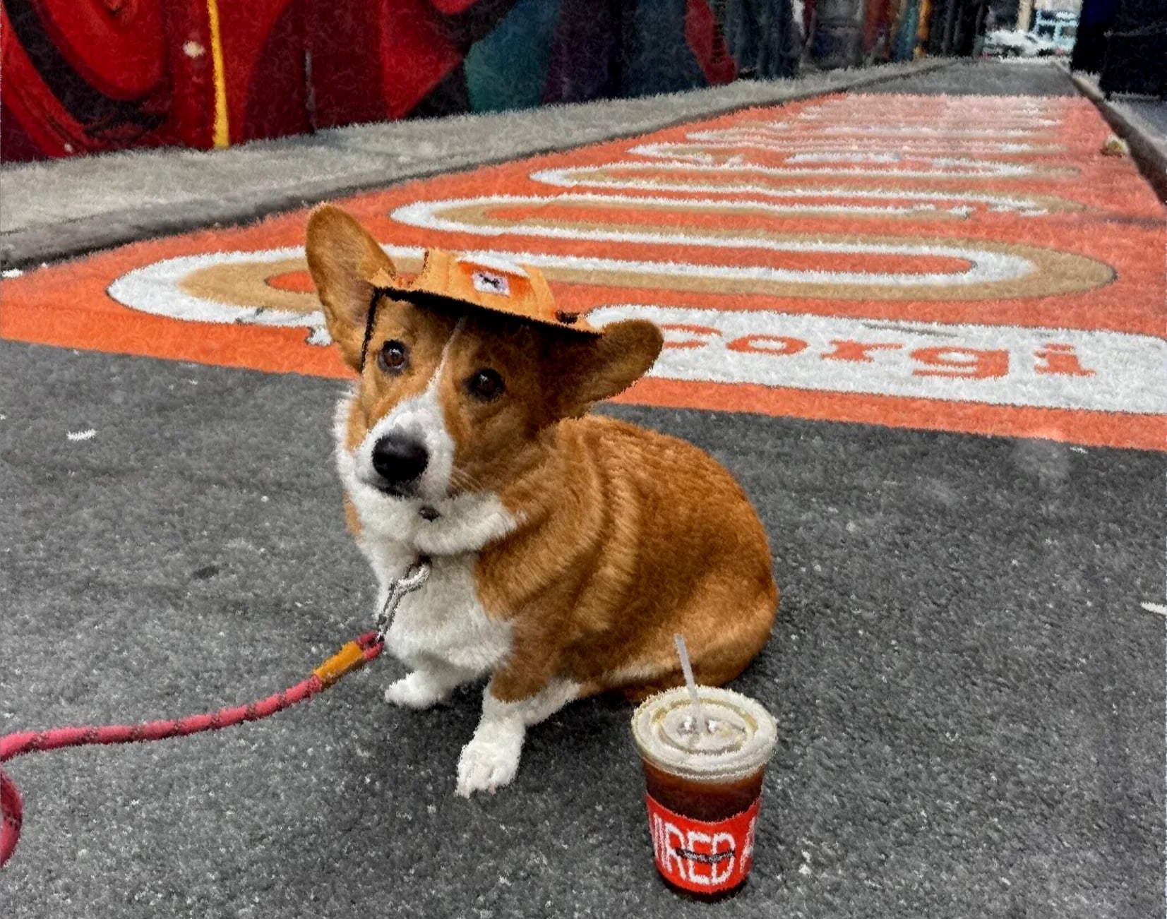 Corgi outside the cafe