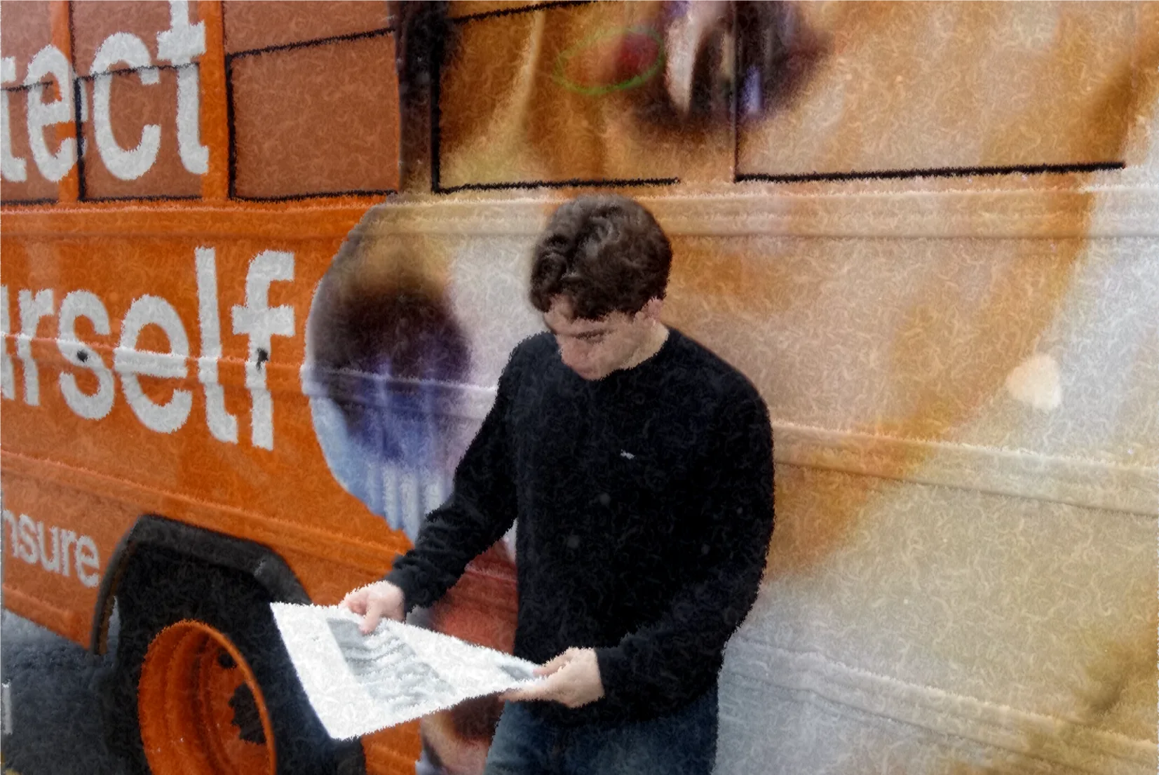 Corgi teammate working beside a branded van
